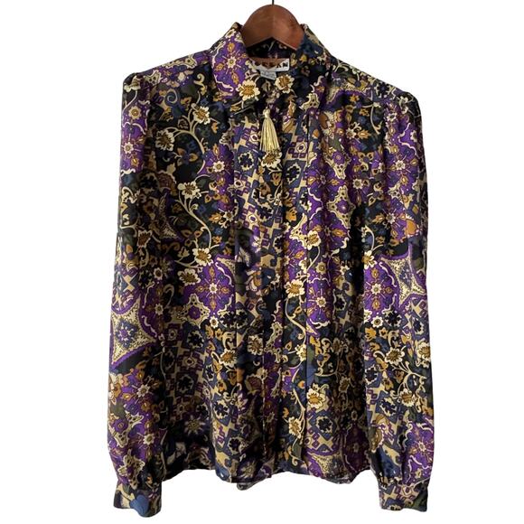 Vtg Jordan‎ Blouse Womens 6 Multicolor Button Up Tassel Retro Career Business - Picture 2 of 10